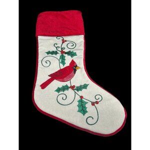 Christmas Stocking Applied Cardinal Bird Beaded 19" Red Velvet